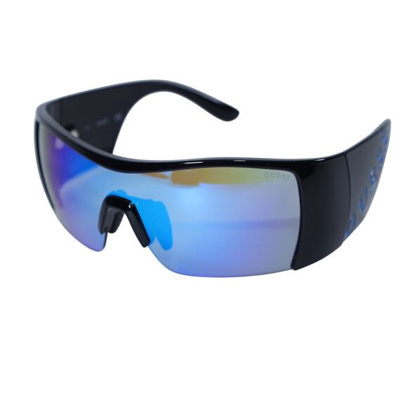 Guess Shield Wraparound Sunglasses - Shiny Black / Mirror Blue - NWT - Picture 4 of 12